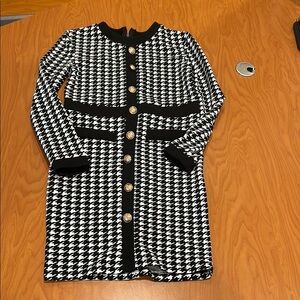 Black and White Houndstooth Dress with Gold Buttons